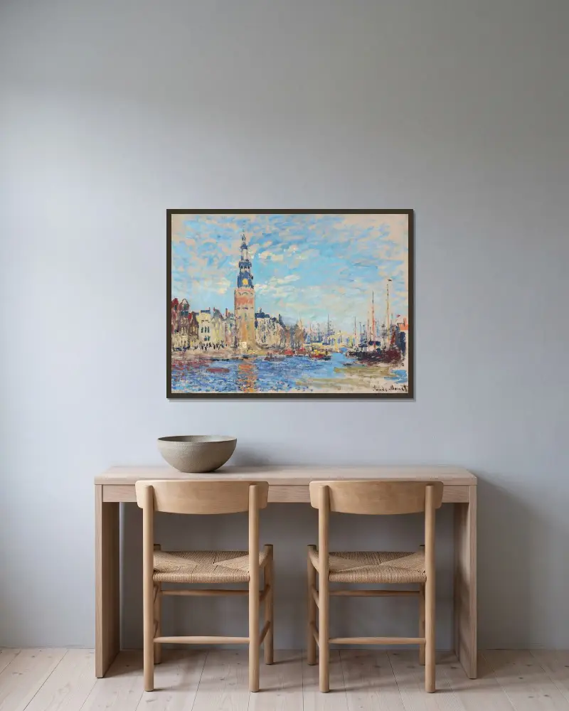 Utsikt över Montalbantornet, Amsterdam av Claude Monet inramad på en vägg