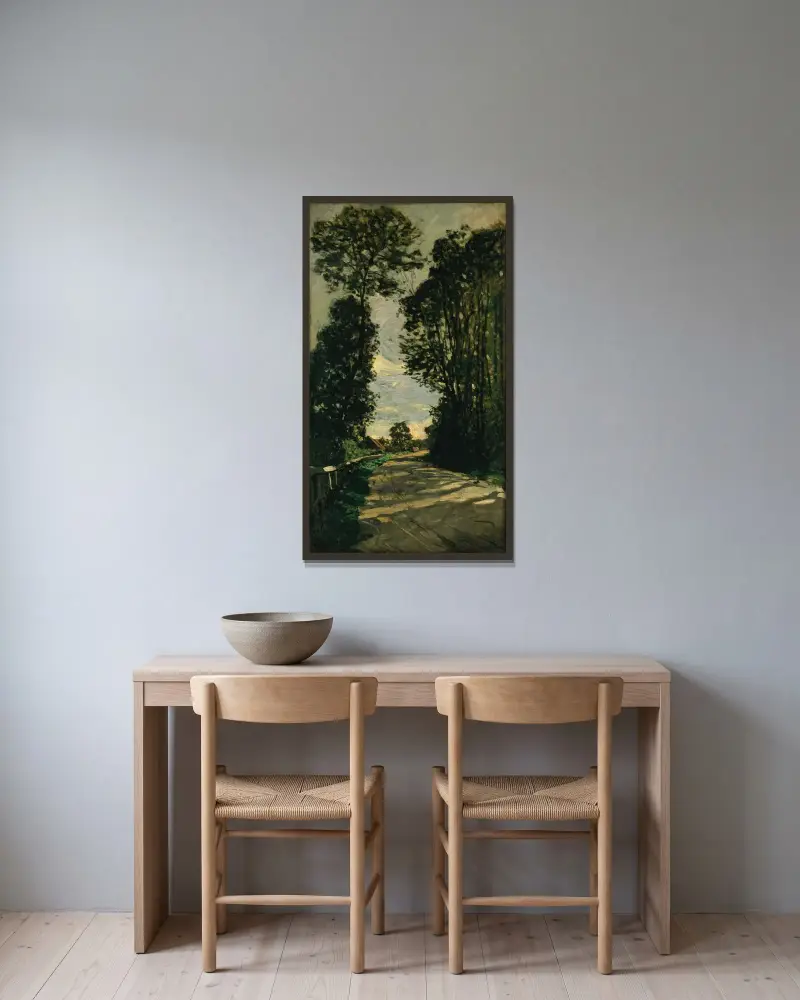 Spaziergang (Weg bei der Farm Saint-Siméon) von Claude Monet gerahmt an einer Wand