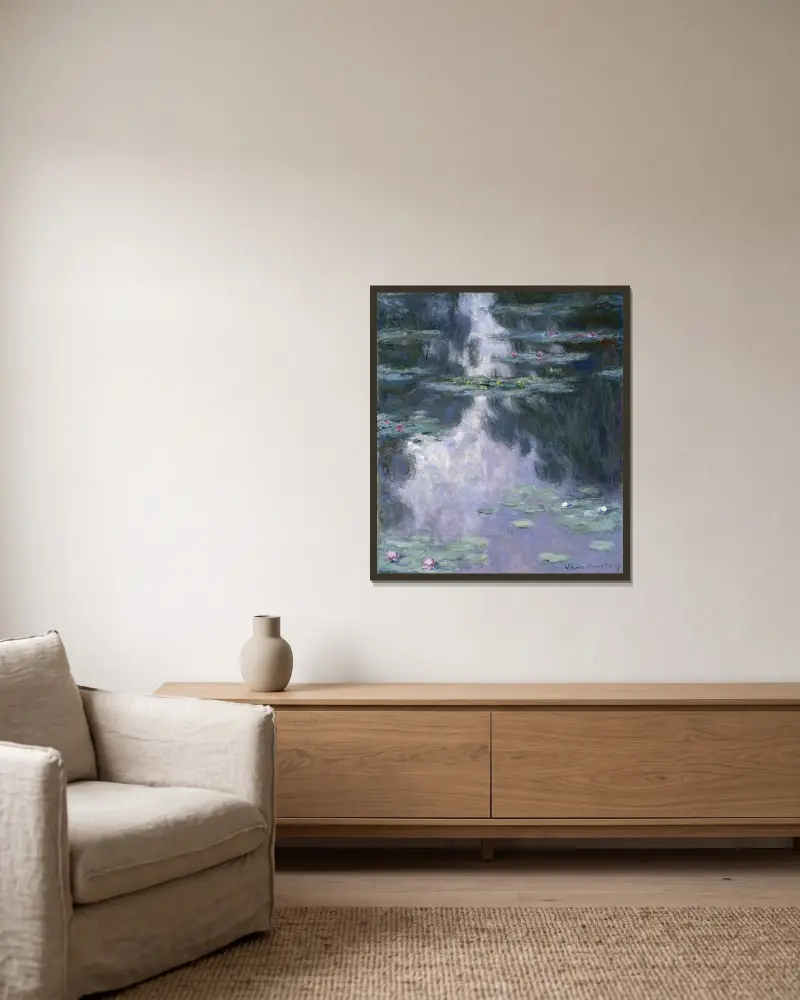 Näckrosor – nr 1 av Claude Monet inramad på en vägg