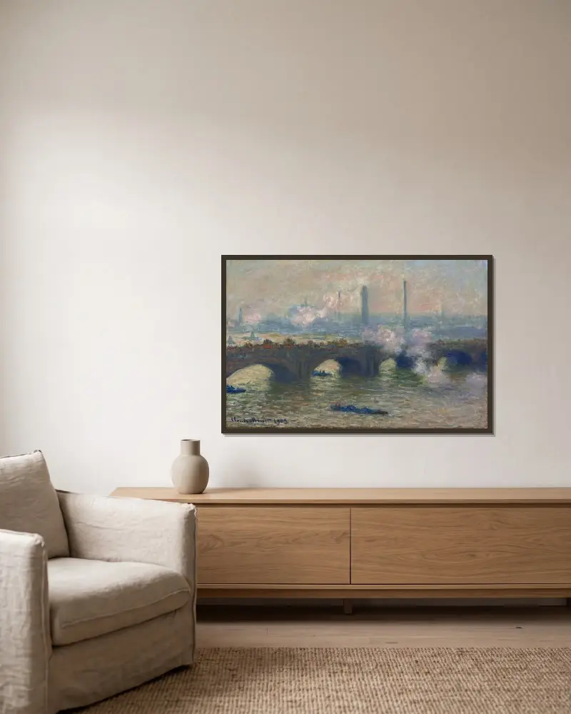 Waterloo Bridge,Gray Day av Claude Monet inramad på en vägg
