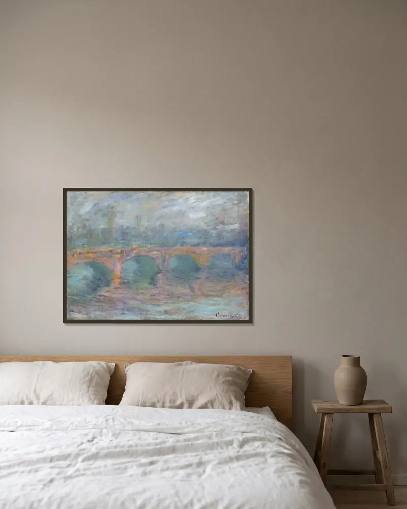 Waterloo Bridge, London bei Sonnenuntergang von Claude Monet gerahmt an einer Wand