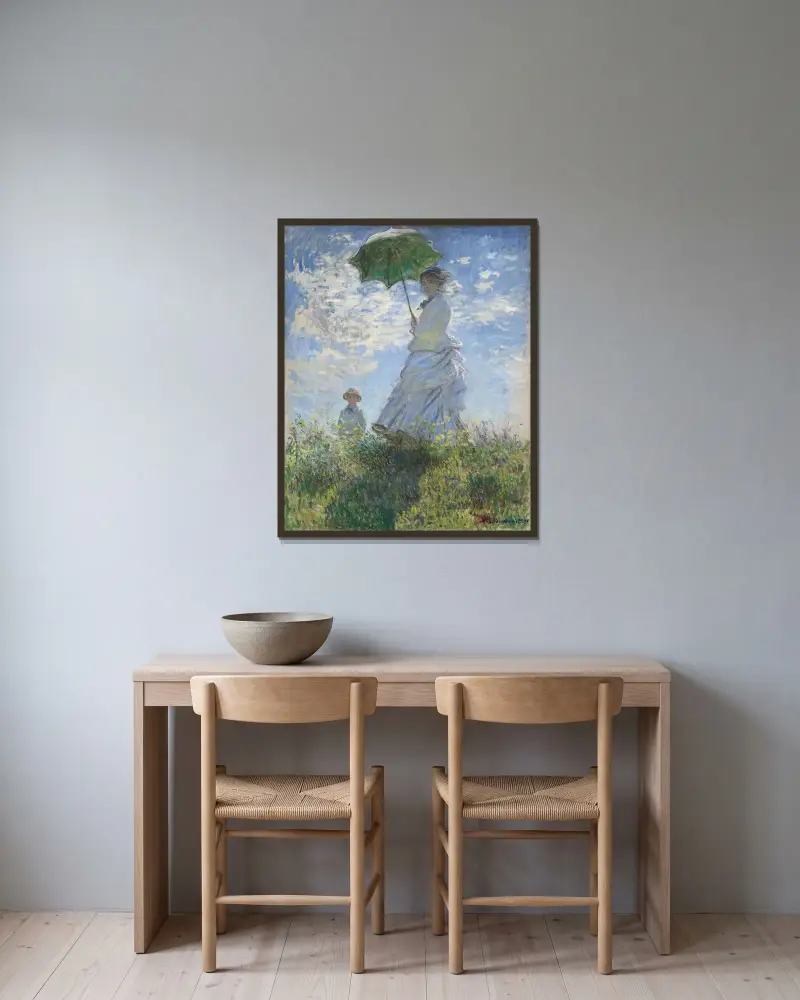 Žena s parasolem – paní Monetová a její syn, Claude Monet v rámu na stěně