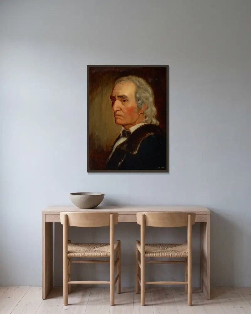 Portrait of Thomas Lakin av Theodore Clement Steele inramad på en vägg