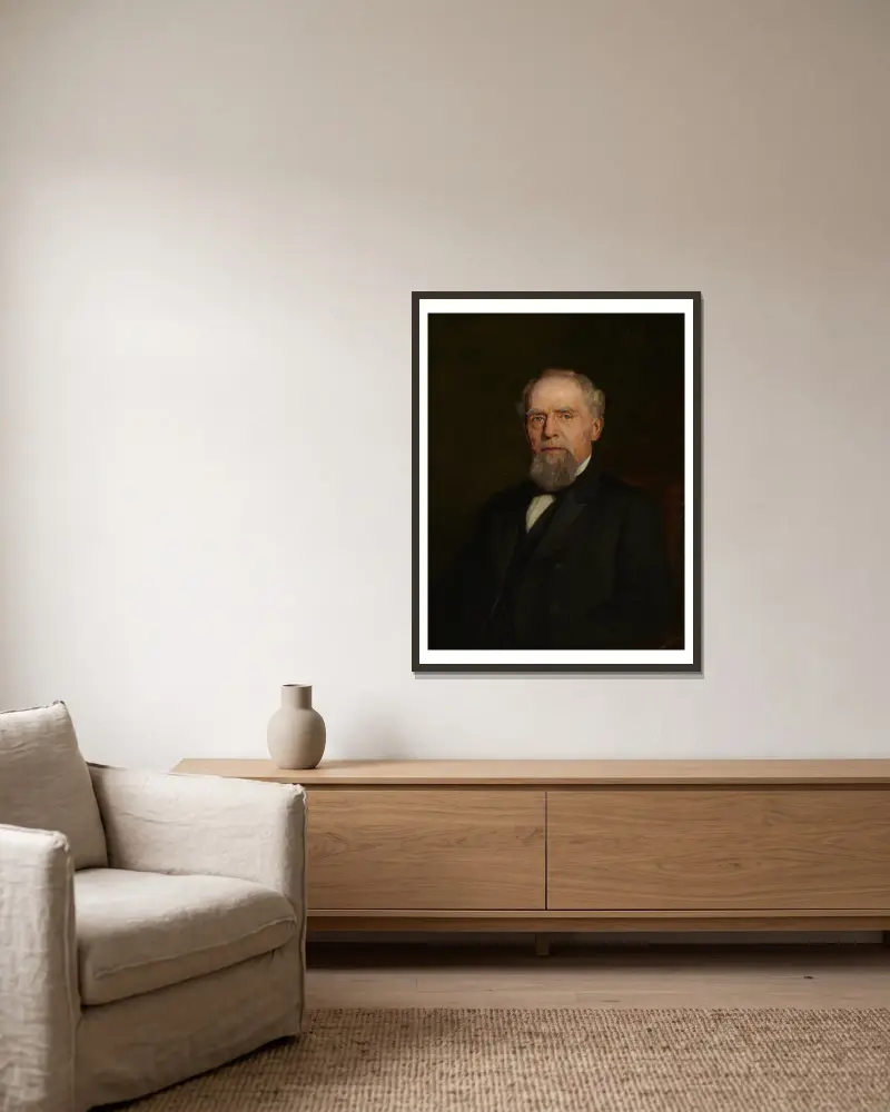 Porträtt av William J. Holliday av Theodore Clement Steele inramad på en vägg