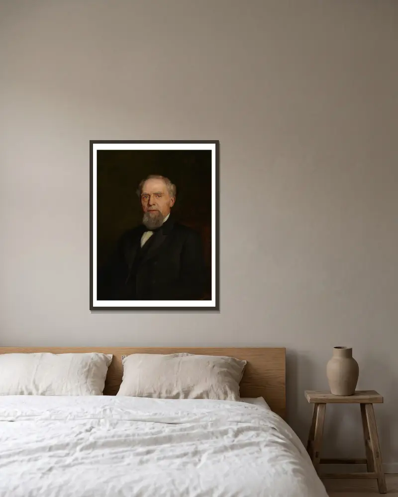 Porträtt av William J. Holliday av Theodore Clement Steele inramad på en vägg