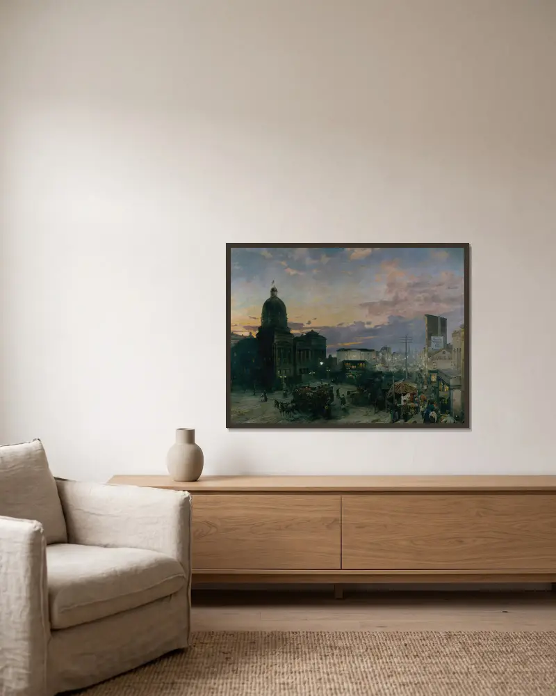 Washington Street, Indianapolis im Dämmerlicht von Theodore Clement Steele gerahmt an einer Wand