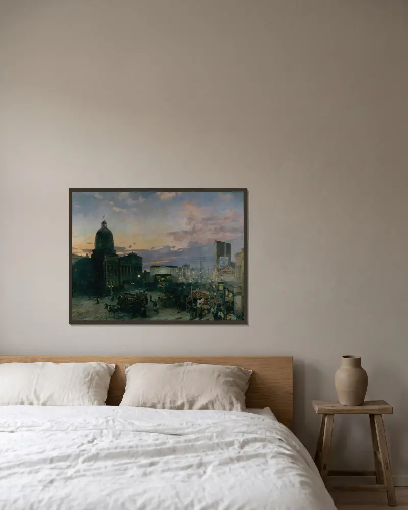 Washington Street, Indianapolis im Dämmerlicht von Theodore Clement Steele gerahmt an einer Wand