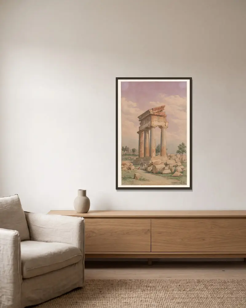 Italien, Agrigento – Castor och Pollux tempel av Harald Conrad Stilling inramad på en vägg