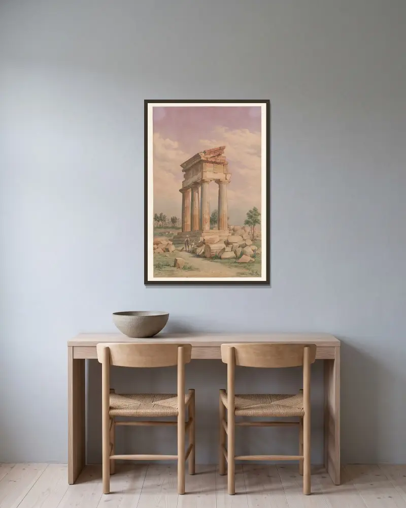Italien, Agrigento – Castor och Pollux tempel av Harald Conrad Stilling inramad på en vägg