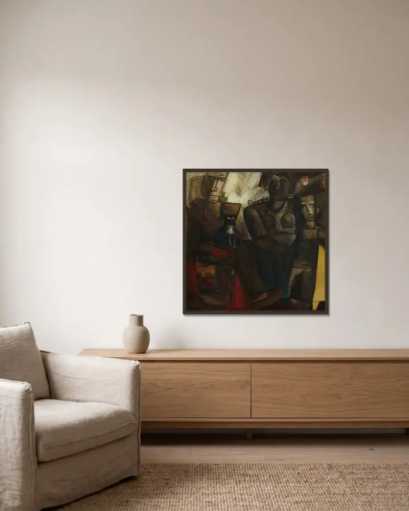 Bauernfamilie mit Katze von Constant Permeke gerahmt an einer Wand
