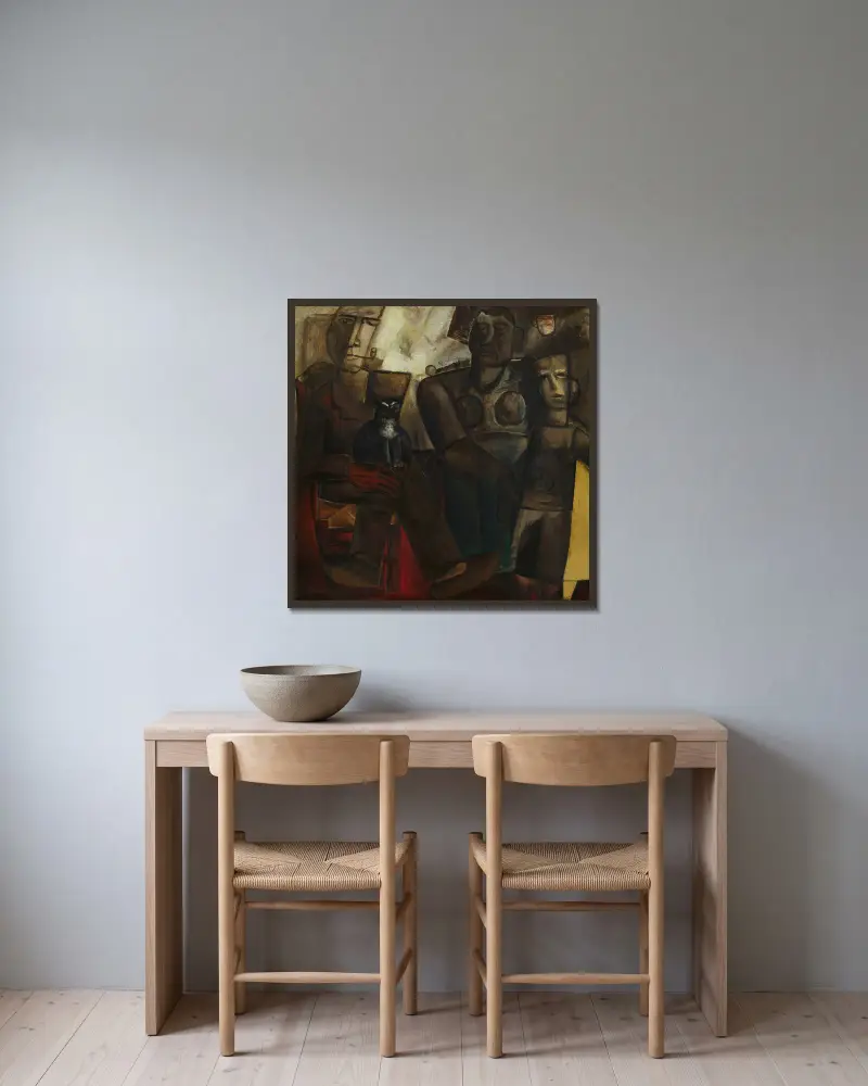 Bauernfamilie mit Katze von Constant Permeke gerahmt an einer Wand