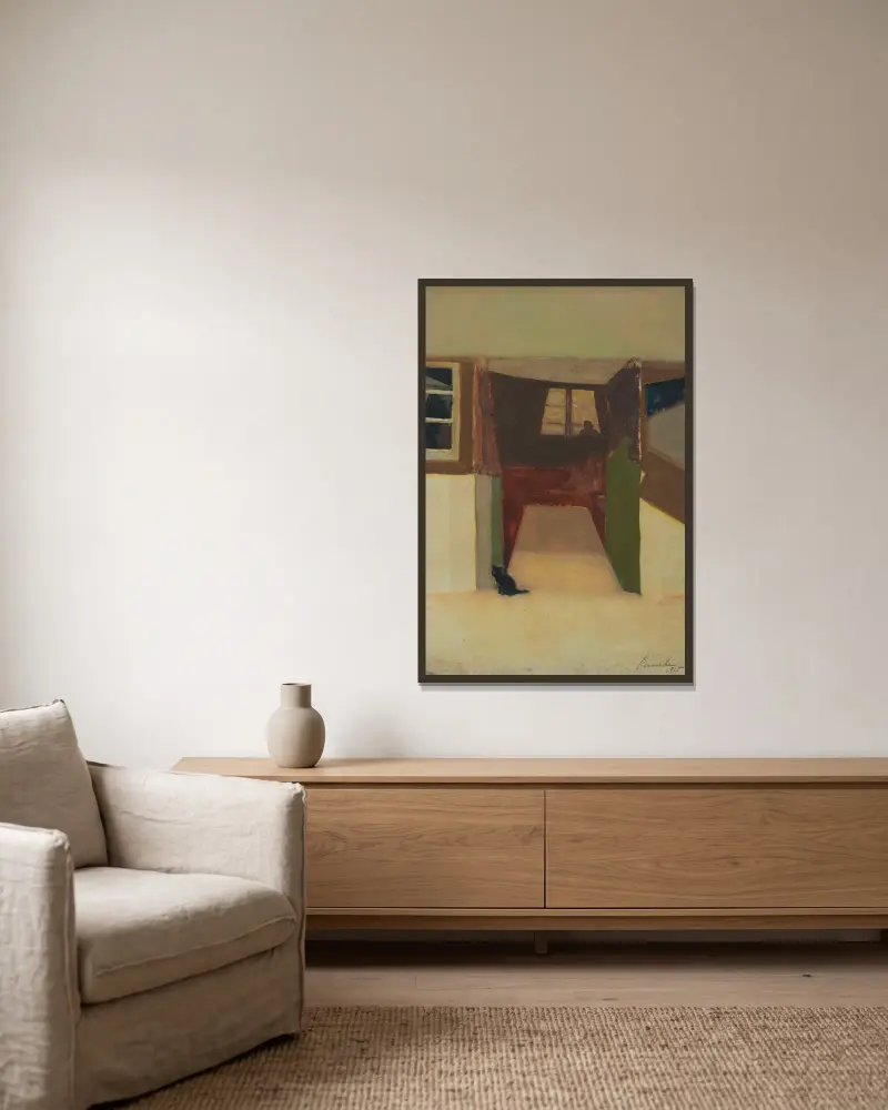 Zijn huis te Stanton Saint Bernard av Constant Permeke inramad på en vägg