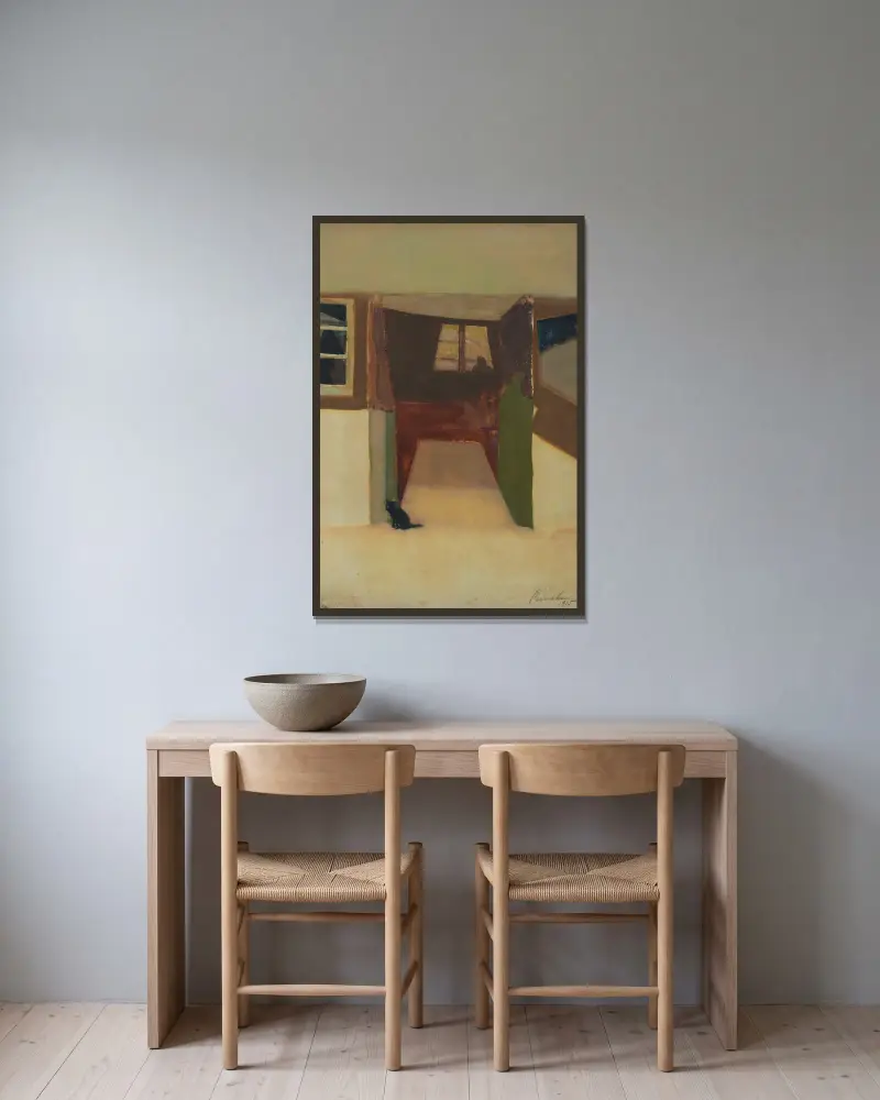 Zijn huis te Stanton Saint Bernard av Constant Permeke inramad på en vägg