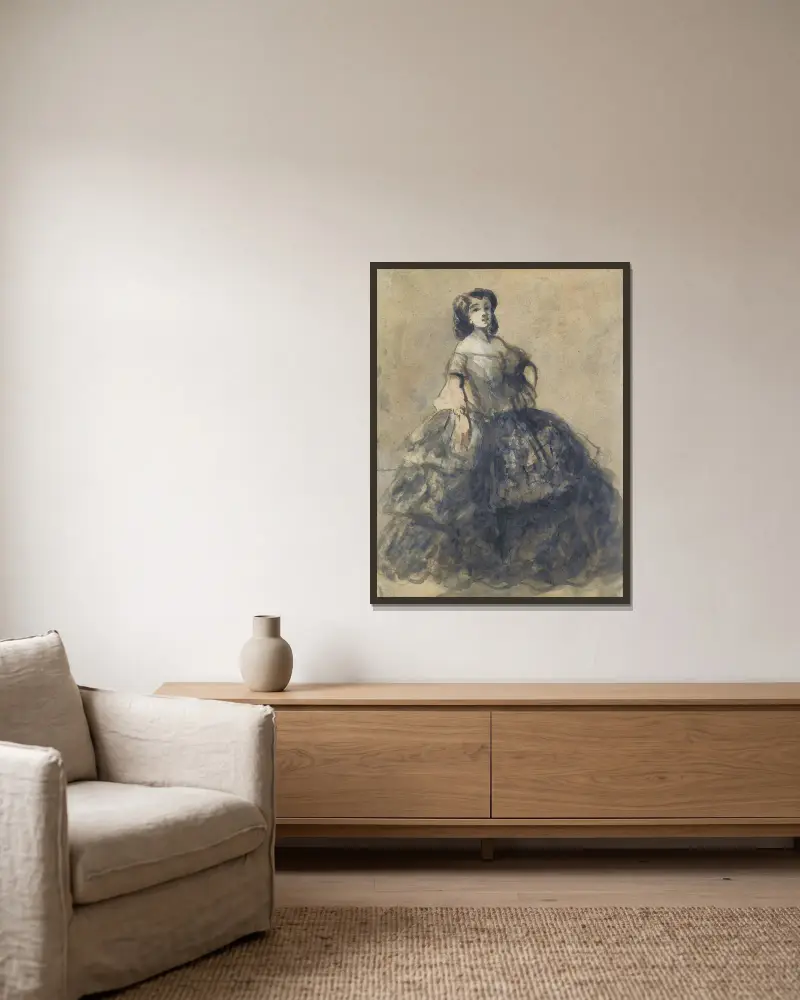 Junge Frau in Krinoline von Constantin Guys gerahmt an einer Wand