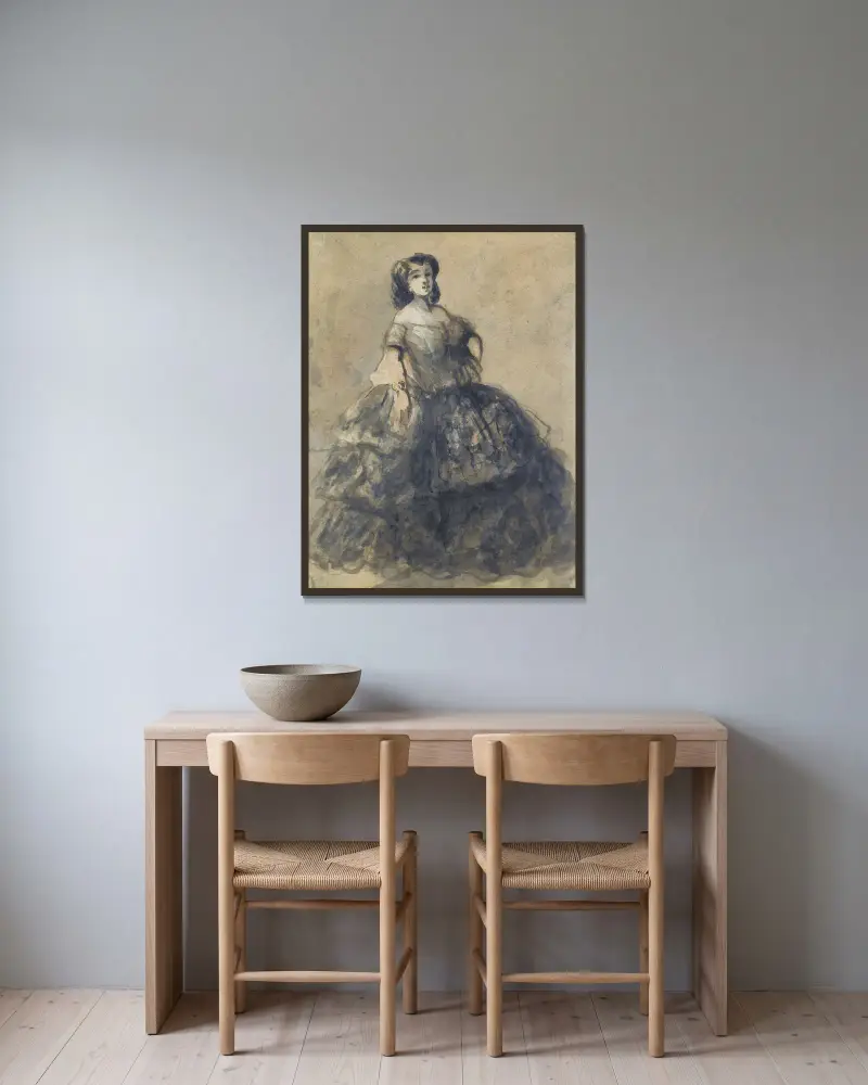 Junge Frau in Krinoline von Constantin Guys gerahmt an einer Wand
