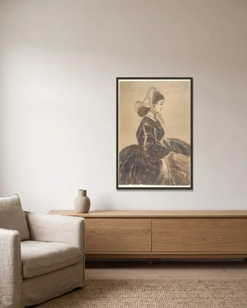 Die Dame in Schwarz von Constantin Guys gerahmt an einer Wand