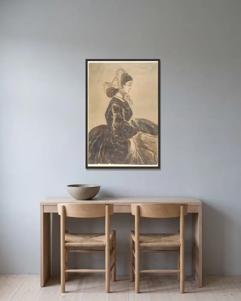 Die Dame in Schwarz von Constantin Guys gerahmt an einer Wand