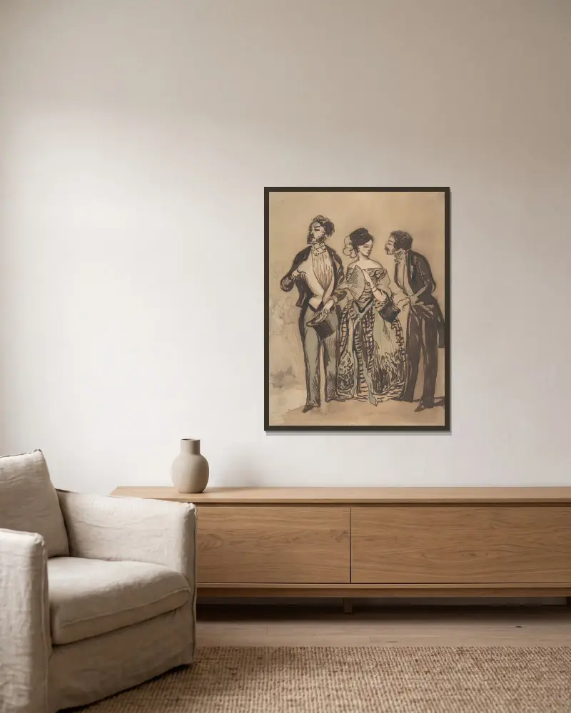 Zwei Herren und eine Dame von Constantin Guys gerahmt an einer Wand