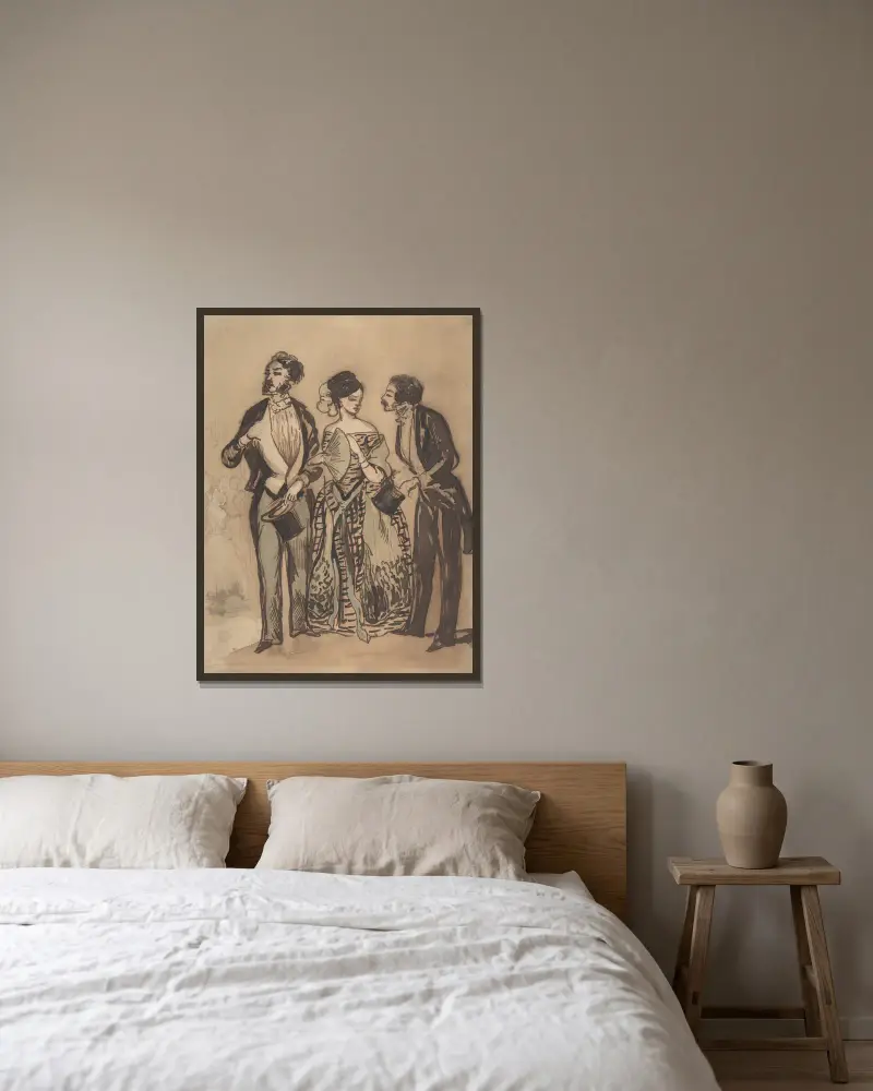 Zwei Herren und eine Dame von Constantin Guys gerahmt an einer Wand