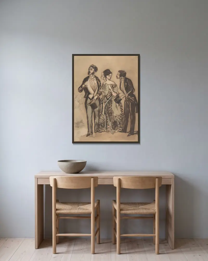 Zwei Herren und eine Dame von Constantin Guys gerahmt an einer Wand