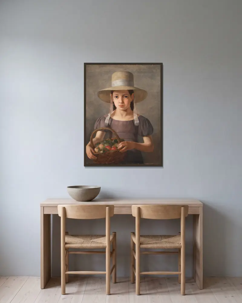 Flicka med frukter i en korg av Constantin Hansen inramad på en vägg