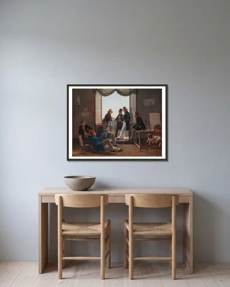 En grupp danska konstnärer i Rom av Constantin Hansen inramad på en vägg