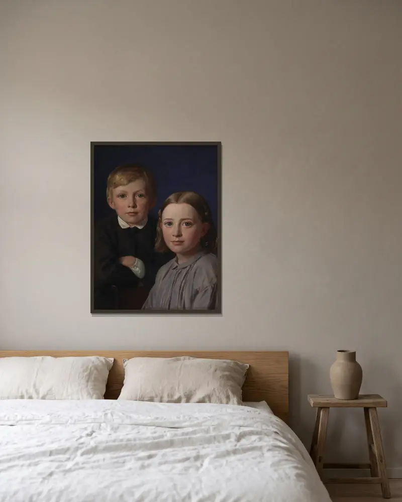 Jens Simmelkær Asmussen och Katrine Asmussen som barn av Constantin Hansen inramad på en vägg