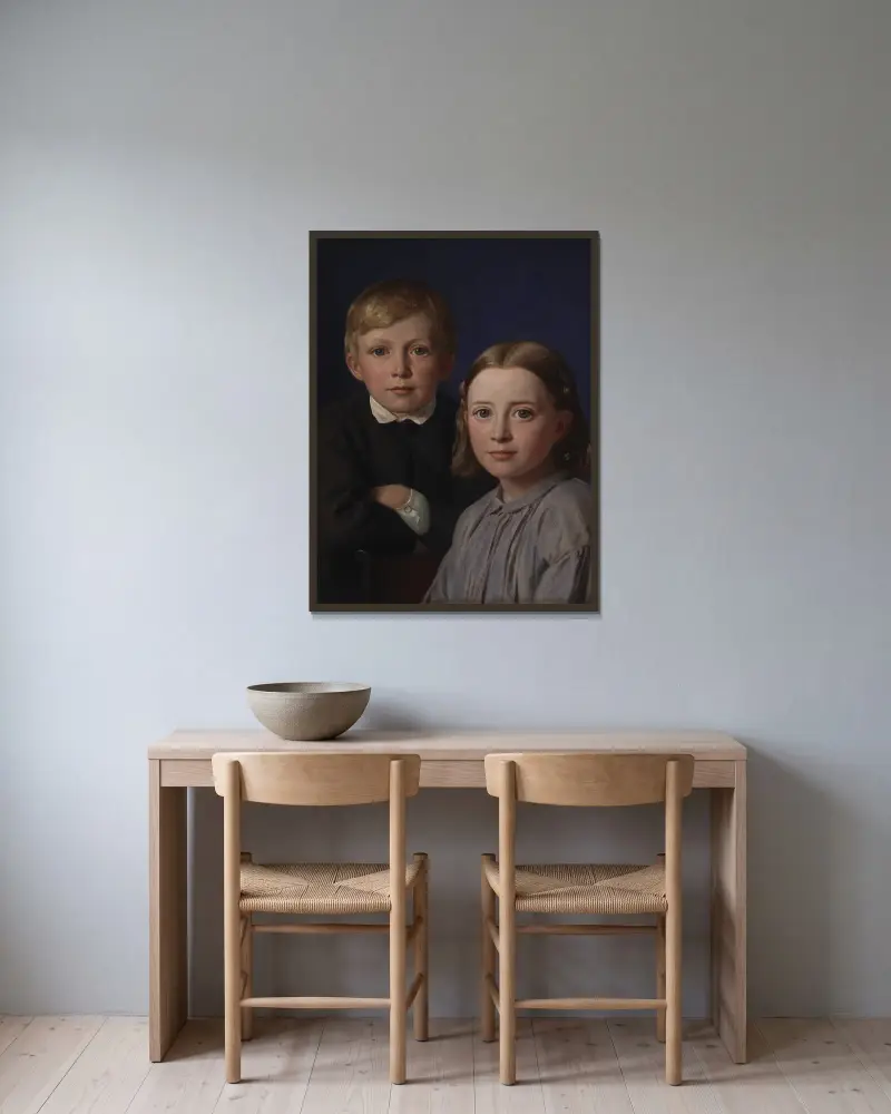 Jens Simmelkær Asmussen och Katrine Asmussen som barn av Constantin Hansen inramad på en vägg