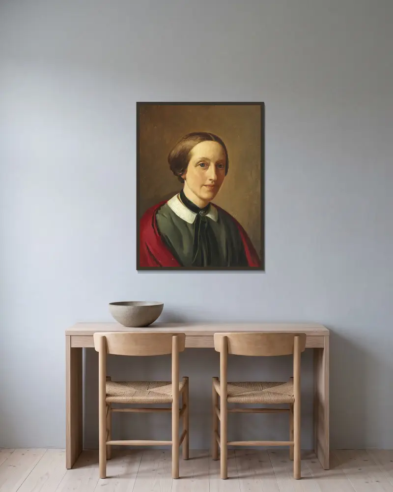 Porträtt av Michala Ingerslev, f. Aagaard från Iselingen i svart klänning och röd sjal av Constantin Hansen inramad på en vägg