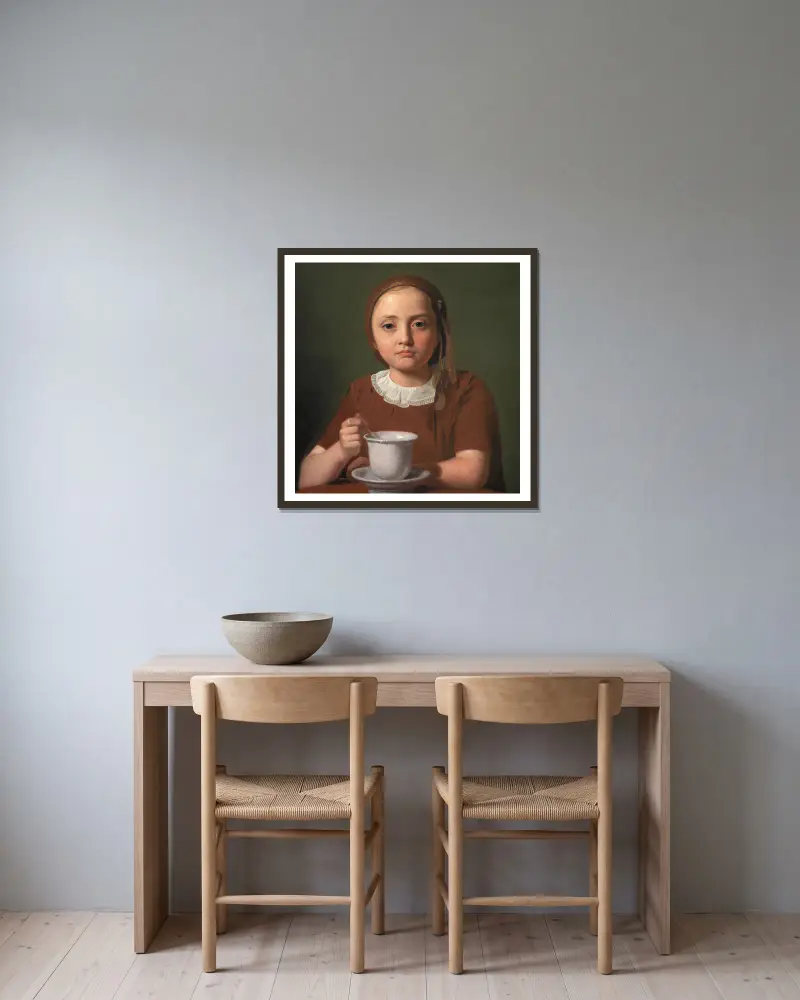 Porträtt av en liten flicka, Elise Købke, med en kopp framför sig av Constantin Hansen inramad på en vägg