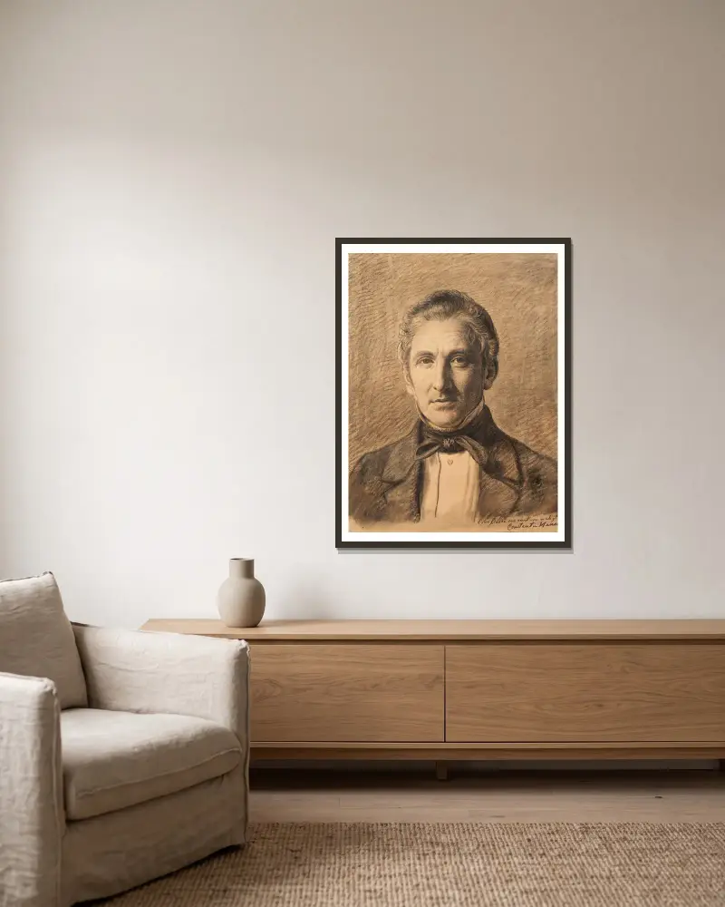 Porträtt av Alfred Hage av Constantin Hansen inramad på en vägg
