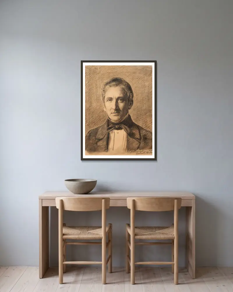 Porträtt av Alfred Hage av Constantin Hansen inramad på en vägg