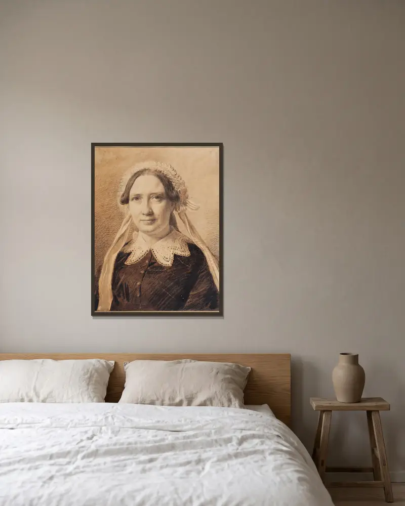 Porträtt av Frederikke Vilhelmine Hage, född Faber av Constantin Hansen inramad på en vägg