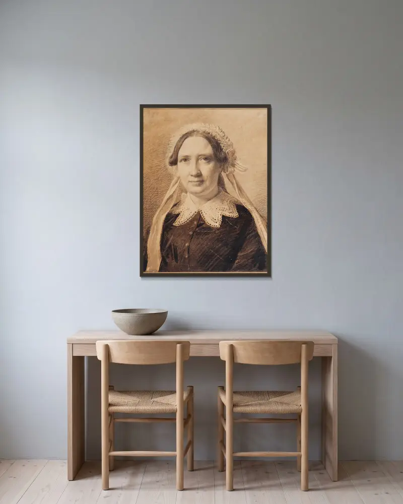 Porträtt av Frederikke Vilhelmine Hage, född Faber av Constantin Hansen inramad på en vägg