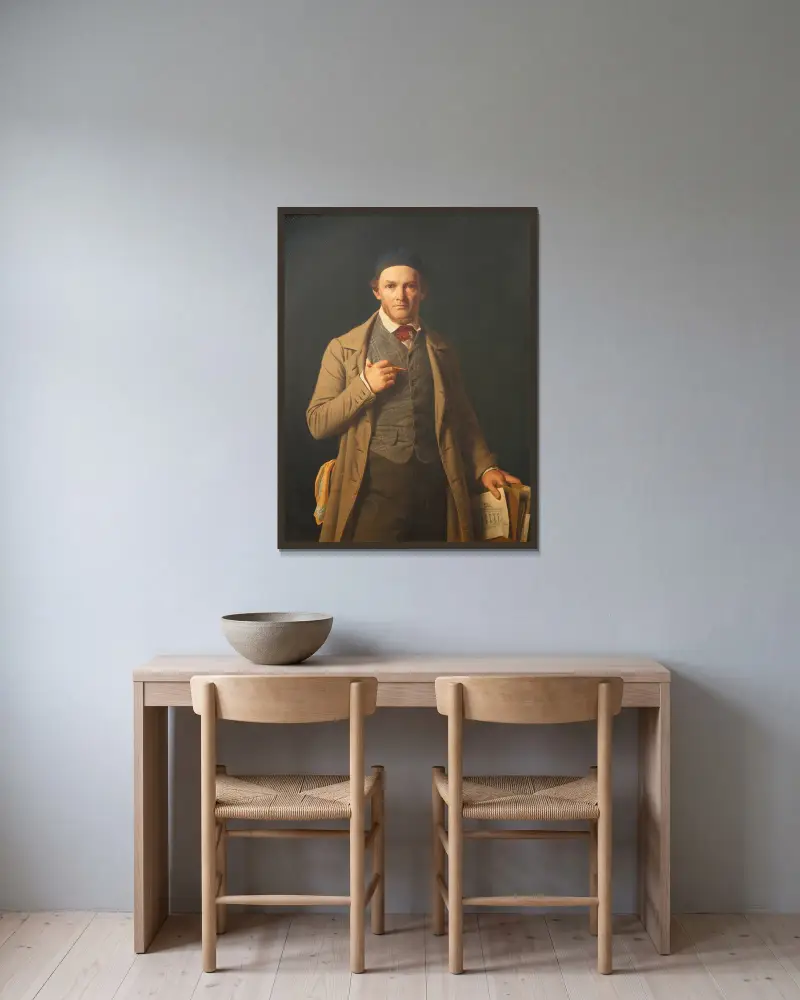 Porträtt av Gottlieb Bindesbøll av Constantin Hansen inramad på en vägg