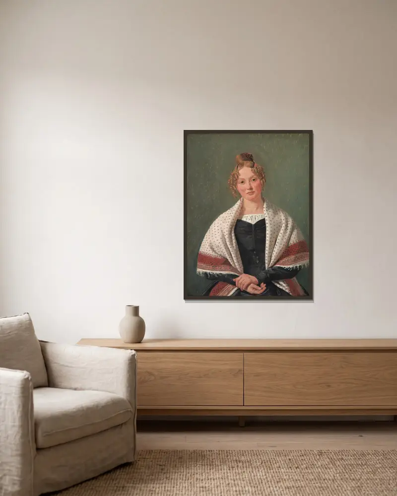 Porträtt av Hanne Wanscher, född Wegener av Constantin Hansen inramad på en vägg