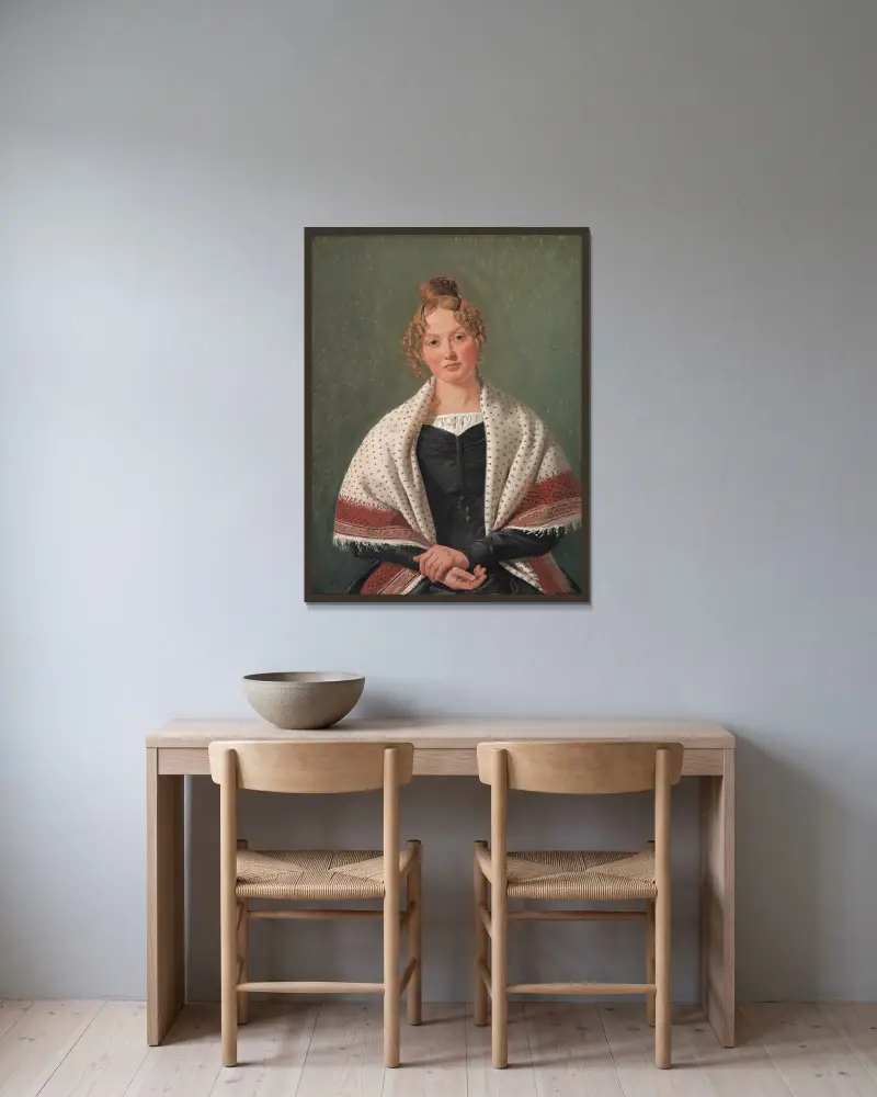 Porträtt av Hanne Wanscher, född Wegener av Constantin Hansen inramad på en vägg