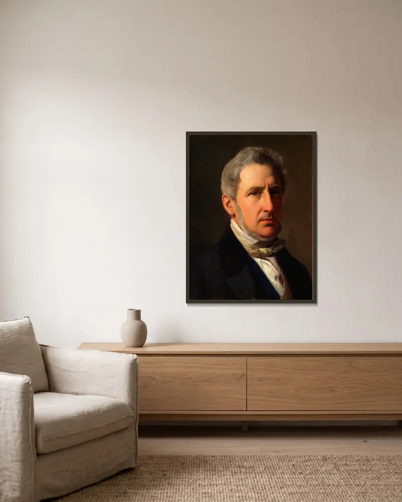 Porträtt av godsägaren Alfred Hage (1803–1872) av Constantin Hansen inramad på en vägg