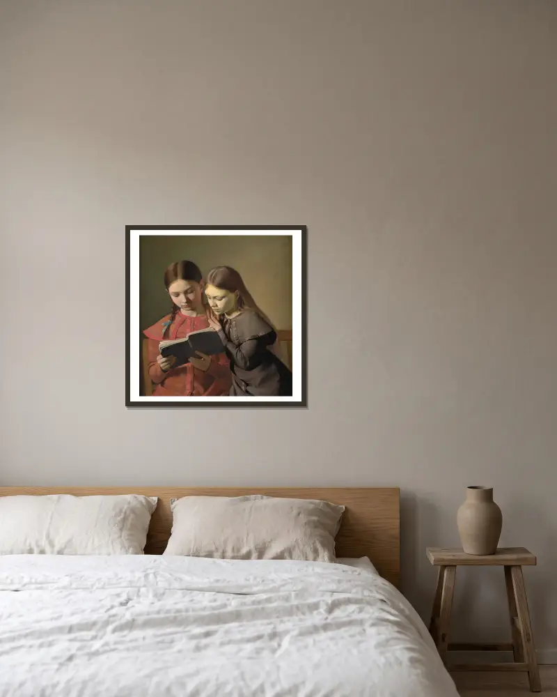 Konstnärens systrar Signe och Henriette läsande en bok av Constantin Hansen inramad på en vägg