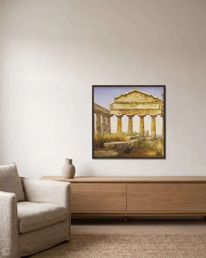Athenatemplet i Paestum av Constantin Hansen inramad på en vägg