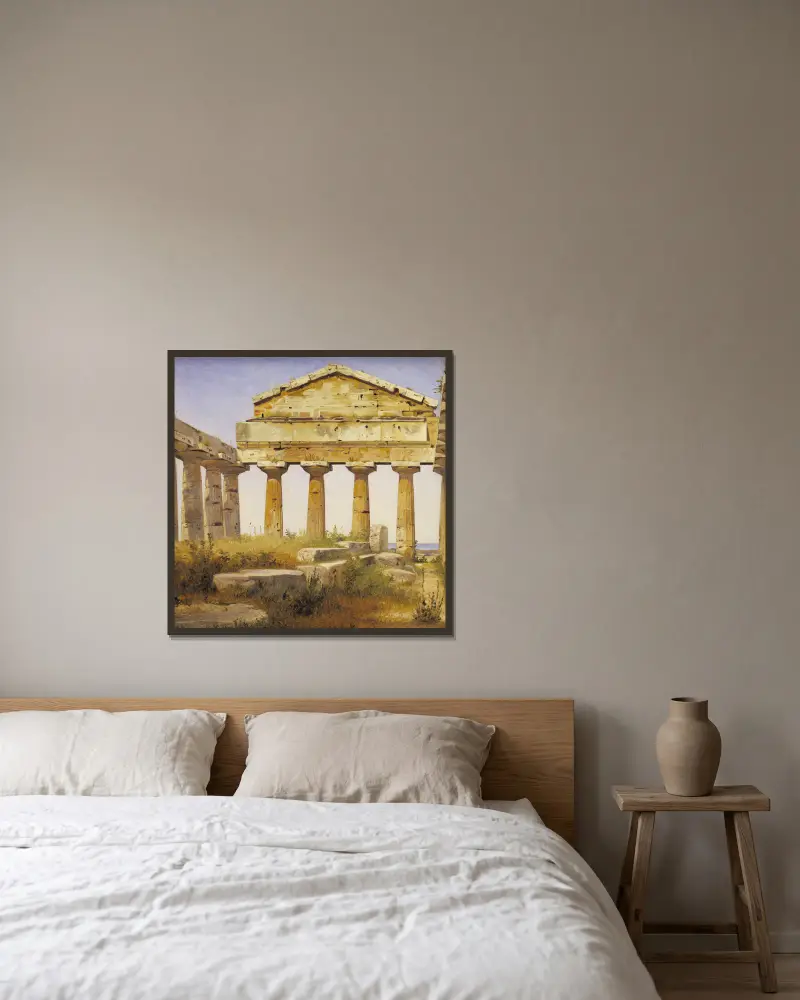 Athenatemplet i Paestum av Constantin Hansen inramad på en vägg