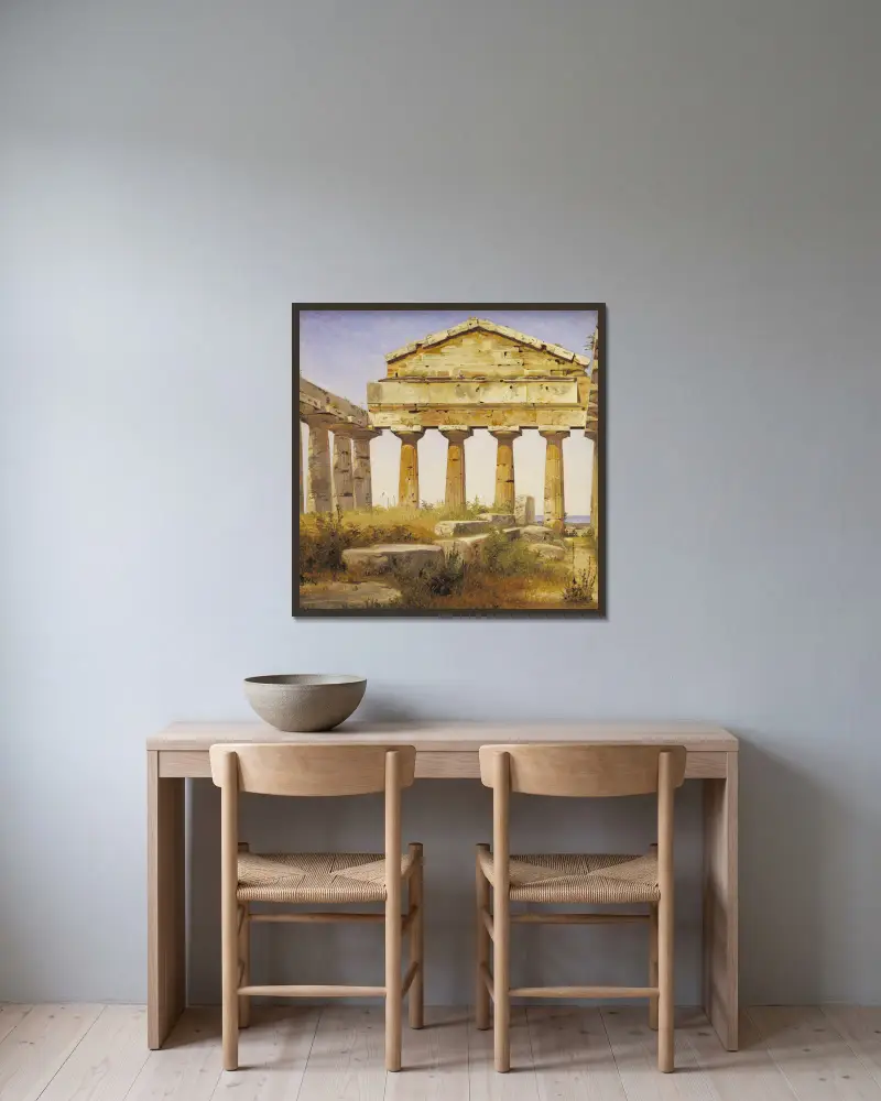 Athenatemplet i Paestum av Constantin Hansen inramad på en vägg