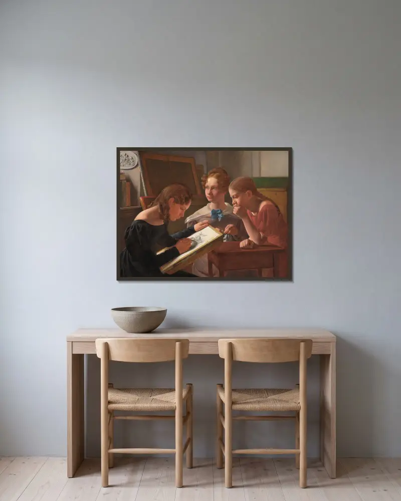 Drei junge Mädchen. Die Schwestern des Künstlers; Alvilde, Ida und Henriette von Constantin Hansen gerahmt an einer Wand