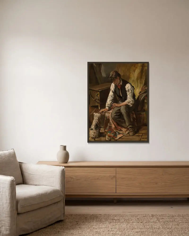 Leierkastenmann von Constantin Meunier gerahmt an einer Wand