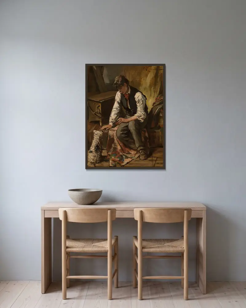 Leierkastenmann von Constantin Meunier gerahmt an einer Wand