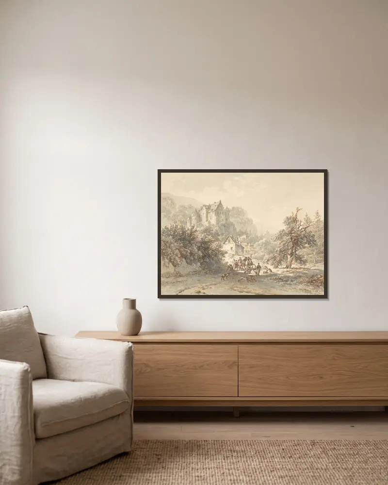 Landscape with a Hunting Party av Barend Cornelis Koekkoek inramad på en vägg
