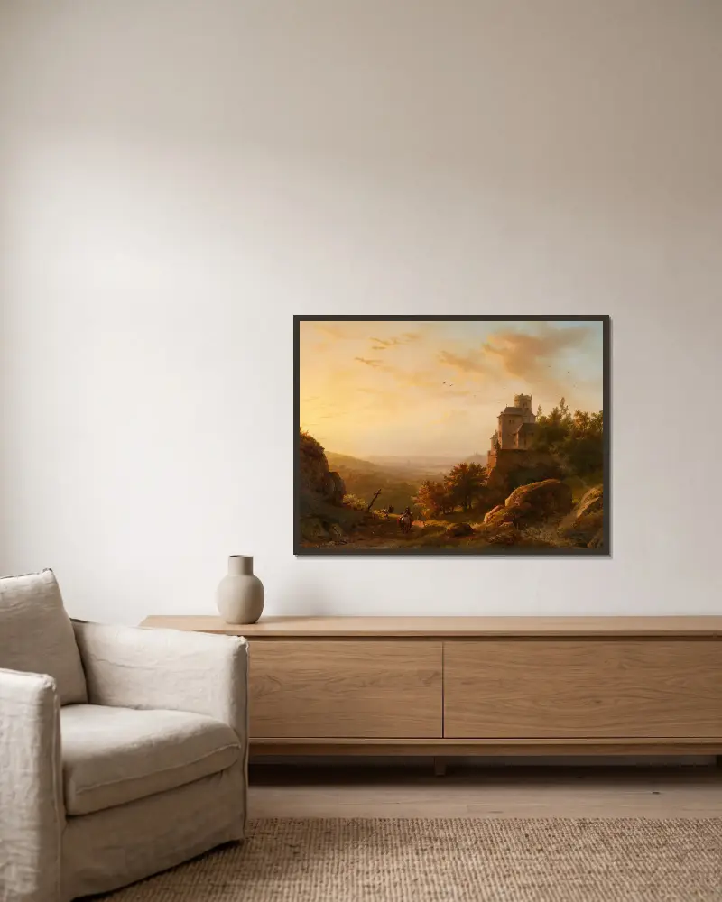 Landschaft mit Burg von Barend Cornelis Koekkoek gerahmt an einer Wand