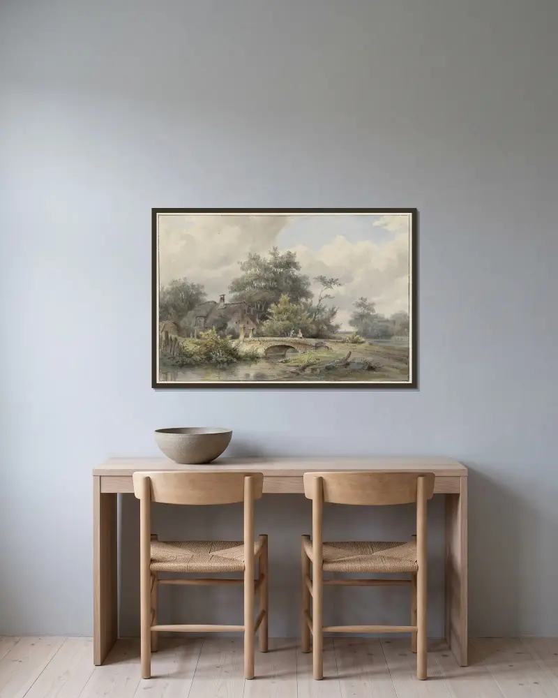 Landskap med stenbro vid ett hus av Barend Cornelis Koekkoek inramad på en vägg
