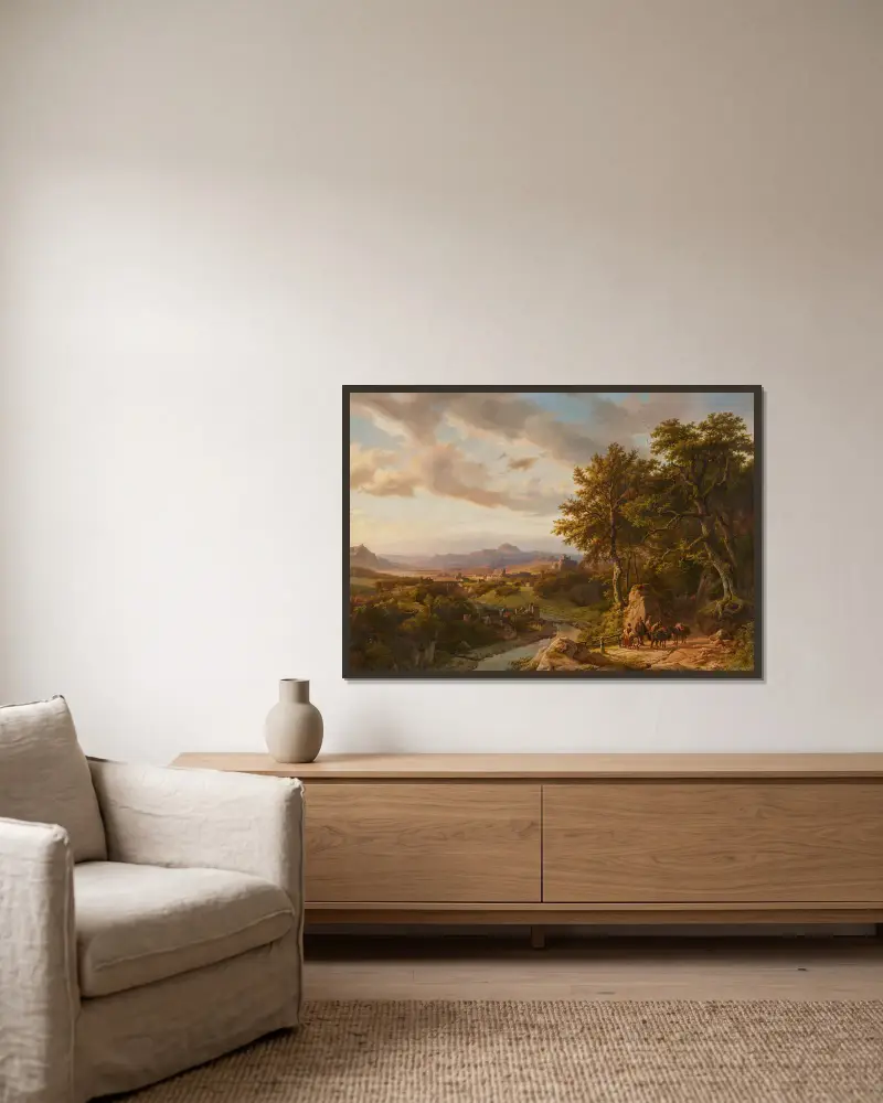 Panoramalandschaft am Mittelrhein von Barend Cornelis Koekkoek gerahmt an einer Wand