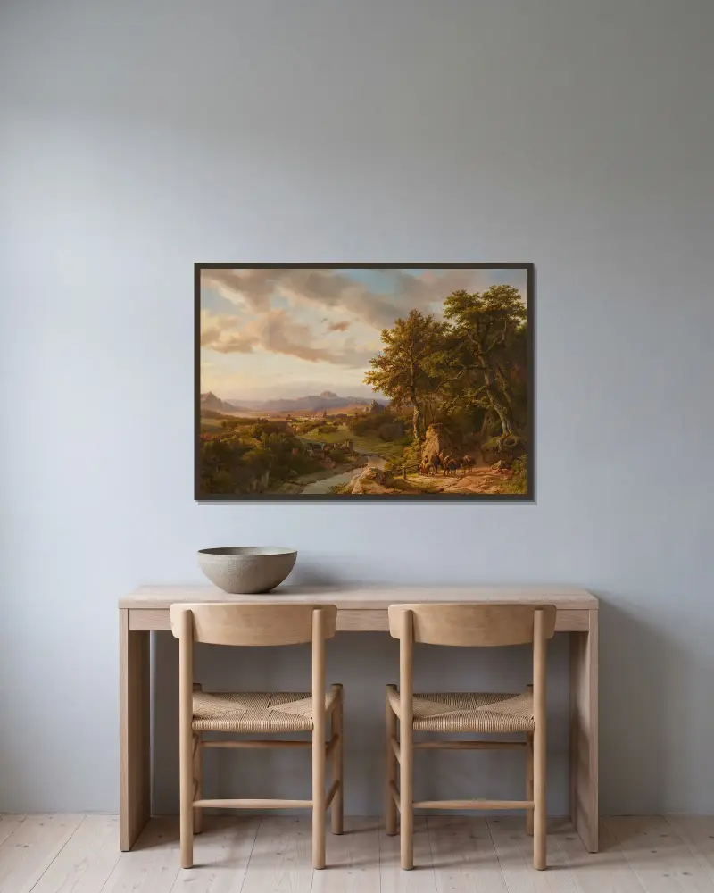 Panoramalandschaft am Mittelrhein von Barend Cornelis Koekkoek gerahmt an einer Wand